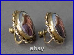 Antique Victorian Cameo Portrait Hand Painted Porcelain Sterling Silver Earrings