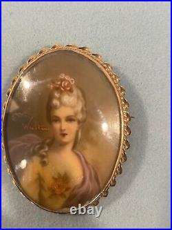 Antique Victorian Cameo Portrait brooch/pin hand painted signed on front WALTEN