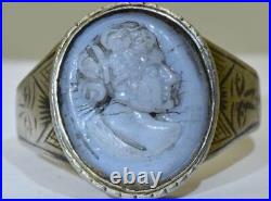 Antique Victorian Cameo Ring Silver and Niello Hand Carved Hard Stone c1850's