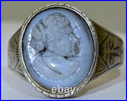 Antique Victorian Cameo Ring Silver and Niello Hand Carved Hard Stone c1850's