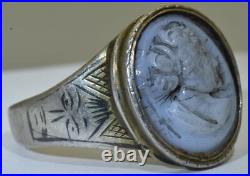 Antique Victorian Cameo Ring Silver and Niello Hand Carved Hard Stone c1850's