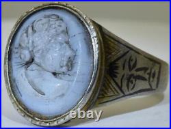 Antique Victorian Cameo Ring Silver and Niello Hand Carved Hard Stone c1850's