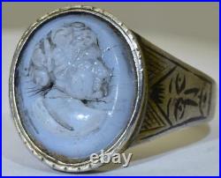 Antique Victorian Cameo Ring Silver and Niello Hand Carved Hard Stone c1850's
