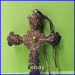 Antique Victorian Cannetille Filigree Cross Silver Hand Wired 22 STERLING 92.5