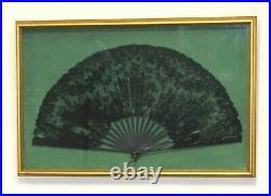 Antique Victorian Carved Black Celluloid French Lace Hand Fan in Large Box Frame