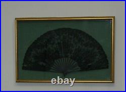 Antique Victorian Carved Black Celluloid French Lace Hand Fan in Large Box Frame
