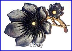 Antique Victorian Carved Black Onyx Leaf Motif Spray 10K Gold Brooch