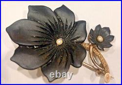 Antique Victorian Carved Black Onyx Leaf Motif Spray 10K Gold Brooch