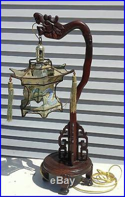 Antique Victorian Carved Rosewood Figural Dragon Table Lamp, Hand Painted Shade