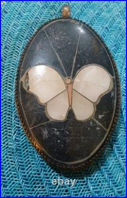 Antique Victorian Ceramic Porcelain Hand Made Mother Of Pearl Copper Pendant