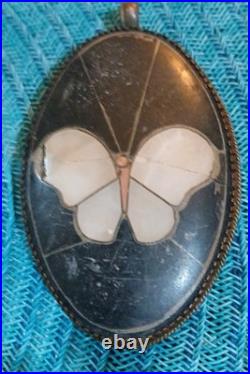 Antique Victorian Ceramic Porcelain Hand Made Mother Of Pearl Copper Pendant