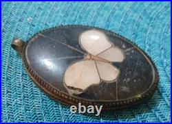 Antique Victorian Ceramic Porcelain Hand Made Mother Of Pearl Copper Pendant