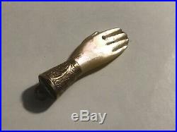 Antique Victorian Charm Mother Of Pearl Miniature Hand with Elaborate Wrist Band