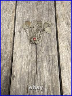 Antique Victorian Chatelaine Memento Mori Mourning Silver Brooch Ruby Bouquet