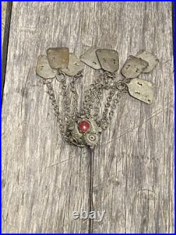 Antique Victorian Chatelaine Memento Mori Mourning Silver Brooch Ruby Bouquet