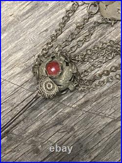 Antique Victorian Chatelaine Memento Mori Mourning Silver Brooch Ruby Bouquet