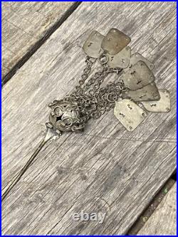 Antique Victorian Chatelaine Memento Mori Mourning Silver Brooch Ruby Bouquet