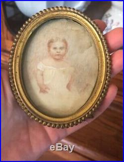 Antique Victorian Child Christening Miniature Hand Painted Portrait Signed