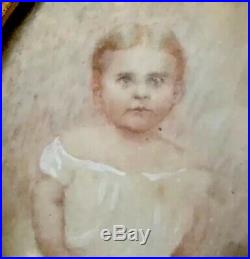 Antique Victorian Child Christening Miniature Hand Painted Portrait Signed