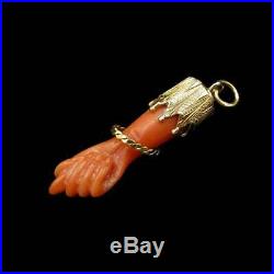 Antique Victorian Coral 18ct Gold Hand Figa Pendant Charm Hand Amulet C. 1880