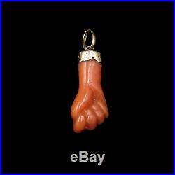 Antique Victorian Coral 9ct Yellow Gold Hand Figa Amulet Pendant Charm c. 1880