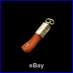 Antique Victorian Coral 9ct Yellow Gold Hand Figa Pendant Charm Amulet c. 1880