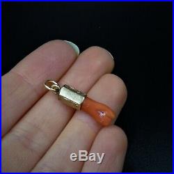 Antique Victorian Coral 9ct Yellow Gold Hand Figa Pendant Charm Amulet c. 1880