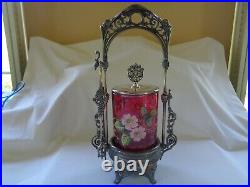Antique Victorian Cranberry Glass Hand Painted Pickle Castor withSP Stand & Tongs