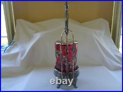 Antique Victorian Cranberry Glass Hand Painted Pickle Castor withSP Stand & Tongs