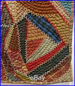 Antique Victorian Crazy Quilt Hand Stitched Embroidered Silk Wool Velvet 66 x 66