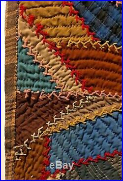 Antique Victorian Crazy Quilt Hand Stitched Embroidered Silk Wool Velvet 66 x 66