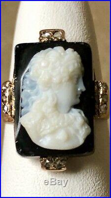 Antique Victorian Diamond, Onyx Hand-Carved Cameo Ring Set In 9ct Rose Gold Sz 5