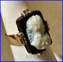 Antique Victorian Diamond, Onyx Hand-Carved Cameo Ring Set In 9ct Rose Gold Sz 5