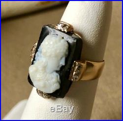 Antique Victorian Diamond, Onyx Hand-Carved Cameo Ring Set In 9ct Rose Gold Sz 5