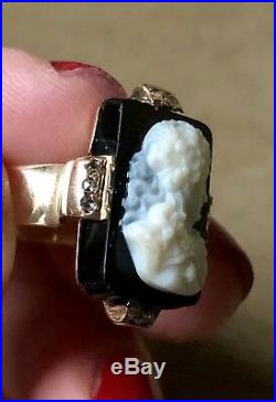 Antique Victorian Diamond, Onyx Hand-Carved Cameo Ring Set In 9ct Rose Gold Sz 5