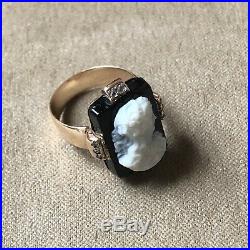 Antique Victorian Diamond, Onyx Hand-Carved Cameo Ring Set In 9ct Rose Gold Sz 5