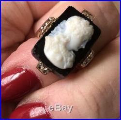 Antique Victorian Diamond, Onyx Hand-Carved Cameo Ring Set In 9ct Rose Gold Sz 5