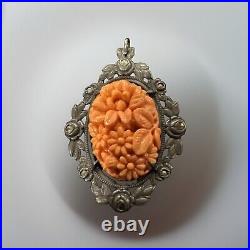 Antique Victorian Edwardian Carved Coral Flowers marcasite Sterling Silver penda