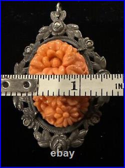 Antique Victorian Edwardian Carved Coral Flowers marcasite Sterling Silver penda