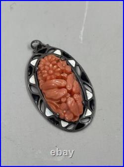 Antique Victorian Edwardian Carved Coral Sterling Silver Enamel Pendant Flowers