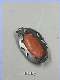 Antique Victorian Edwardian Carved Coral Sterling Silver Enamel Pendant Flowers