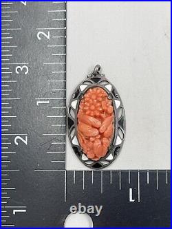 Antique Victorian Edwardian Carved Coral Sterling Silver Enamel Pendant Flowers