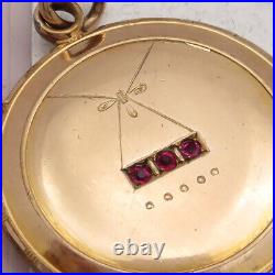 Antique Victorian Edwardian Hand Etched Bow Red Paste Yellow Gold Filled Pendant