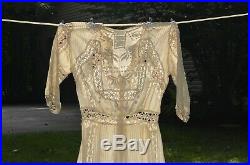 Antique Victorian Edwardian Wedding Gown Hand Crochet & Embroidery Long Dress