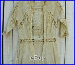 Antique Victorian Edwardian Wedding Gown Hand Crochet & Embroidery Long Dress