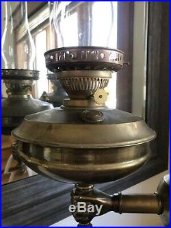 Antique Victorian Electric Double Brass Hurricane Table Lamp Green Marble Hands