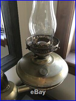 Antique Victorian Electric Double Brass Hurricane Table Lamp Green Marble Hands