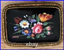 Antique Victorian Enamel Brooch Floral Gold Hand Painted Watch Pin Repousse Vtg