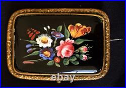 Antique Victorian Enamel Brooch Floral Gold Hand Painted Watch Pin Repousse Vtg