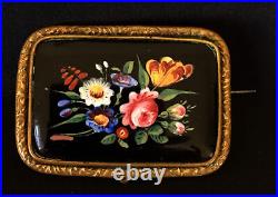 Antique Victorian Enamel Brooch Floral Gold Hand Painted Watch Pin Repousse Vtg